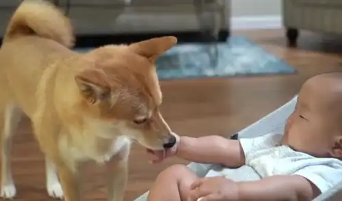  柴犬照看小主人,斜眼看去发现小主人手中食物,脸上表情亮了