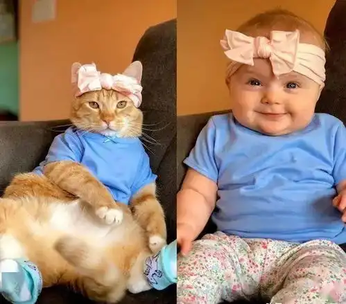  橘猫帮主人带小孩,被迫穿同款衣服比美,网友橘猫的表情赢了