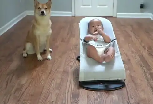  柴犬照看小主人,斜眼看去发现小主人手中食物,脸上表情亮了