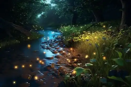  户外夏季夜晚河流萤火虫风景摄影图摄影